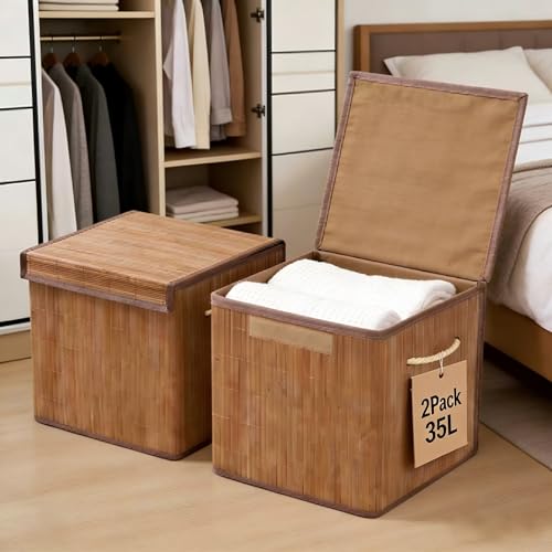 2 Pack Wicker Basket with Lids,Bamboo Box for Organizing, Storage
