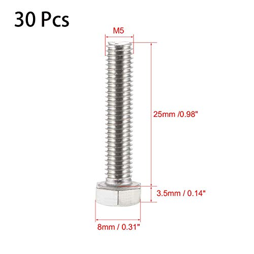 Image of 30 Pcs M5 Hex Bolt M5-0.8 x 25mm UNC Hex Head Screw Bolts A2-70(304) Stainless Steel Fully Threaded Hex Tap Bolts,Plain Finish,Fully Threaded (M5 x 25mm)