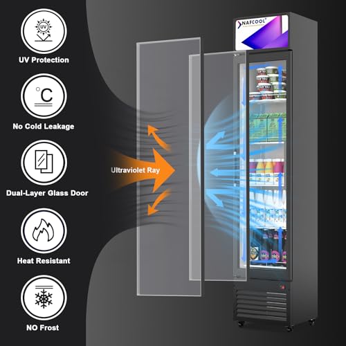Image of Commercial Beverage Refrigerator Display Fridge,6 Cu Ft Tall Slim Glass Door Merchandiser Skinny Drink Cooler with LED Light Adjustable Shelves,ETL Approval,15.4 inch Wide