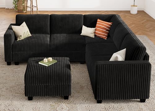 HONBAY Corduroy Modular Sectional Couch with Storage L-Shaped Sectional Couches for Living Room 6 Seater Modular Sectional Sofa, Black - Image 8
