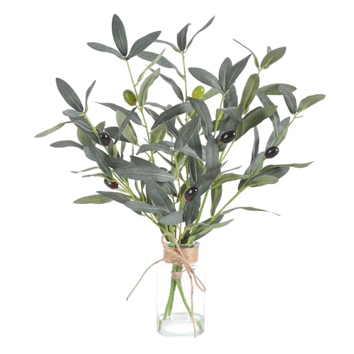 LILUYTO Faux Olive Branches, Artificial Plants Olive Tree Branches in Glass Vase with Faux Water, Flocked Fake Leaves Stems for Bathroom Dining Table Centerpieces Home Room Office Wedding Decor