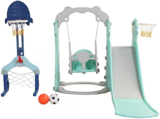5 in 1 Slide and Swing Playing Set, Toddler Extra-Long Slide with 2 Basketball Hoops, Football, Ringtoss, Indoor Outdoor (Gray Green + Blue)