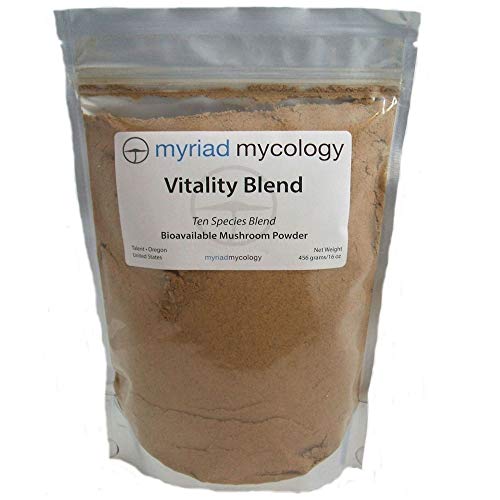 Myriad Mycology Vitality Blend - Mushroom Powder 1 Pound or 456 Grams 10 Medicinal Mushroom Powders. Lion's Mane, Cordyceps, Turkey Tail, Reishi, Chaga, Maitake, Shiitake, Blazei, Agarikon, and Mesima Sang-Huang