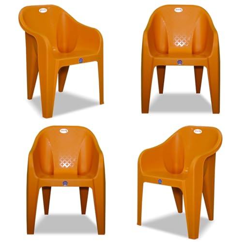 Image of Plastic Arm Chair for Home, Garden, Office, Living Room, Cafeteria Plastic Outdoor Chair | 1 Year Warranty | Color - Orange | Set of 4