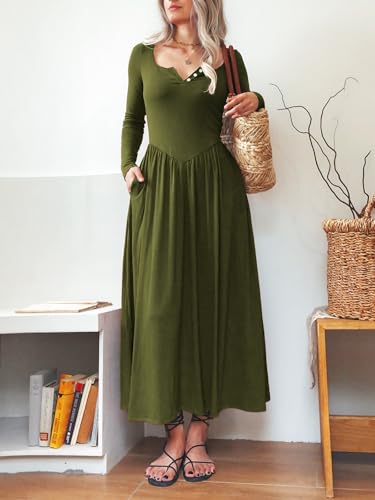 Image of Mieazom Long Sleeves Maxi Dress for Women A Line 2025 V Neck Casual Button Boho Tshirt Long Dress with Pockets Army Green M