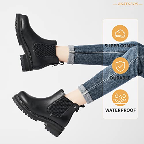 Bgstguds Waterproof Black Chelsea Boots Women Lug Sole Boots Bootie Ankle Boots Chunky Heel Ladies Cute Shoes (Black Winter, 8) #TOP5