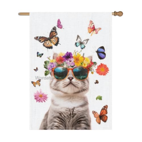 Wordatu Welcome American shorthair Cat Flowers and butterflies Decorative Garden Flag, Home Yard Outdoor Decor, Spring Summer Seasonal Small Outside Decoration Double Sided 28x40 Inches (5351)