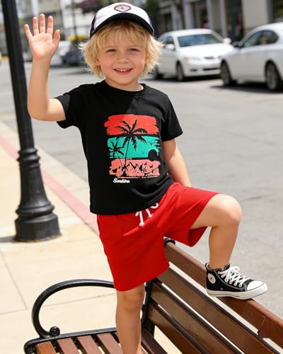 Image of Boys 2 Piece Outfits Short Sleeve Basketball Pattern T-Shirt and Shorts Summer Clothes for Kids 5-12 Years