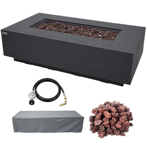 Image of AMS Creations | Madison 60 inch Rectangular Propane Gas Outdoor Fire Pit Table | Dark Gray Concrete GFRC | Limestone Texture or Surface | Electronic Ignition | Outside Backyard Fireplace