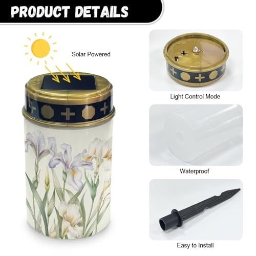 Image of White Flower Cemetery Solar Lights Water Resistant LED Flameless Candle Grave Lights Solar Powered Grave Decor Memorial Gift Outdoor Garden Decor Light for Prayer 2 Pcs