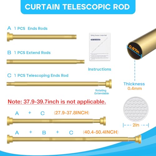 Image of 1 Pack Gold Spring Tension Curtain Rod 28-48 Inches | 7 /8 inch inch Adjustable Curtain Rod No Drill, Anti-slip Spring Curtain Rod for Windows Bathroom Kitchen Closet Doorway