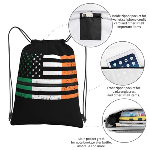 Vintage Irish American Flag Drawstring Backpack Patriotic zipper Drawstring Bag for Men Women Sport Yoga Travel Gym4
