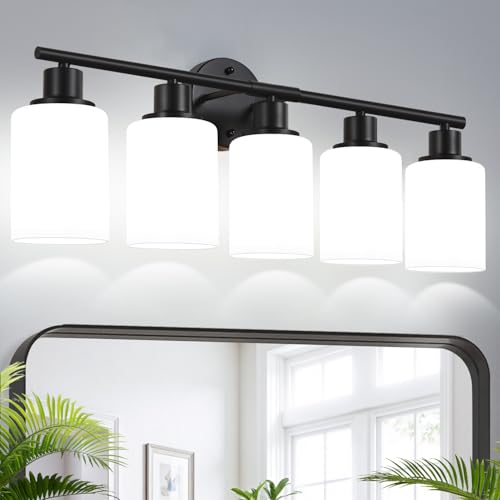 Image of 5-Light Bathroom Light Fixtures, Black Modern Vanity Lights with Milky White Frosted Glass Shades, Bathroom Wall Lamp, Clear Glass Shade, for Mirror, Living Room, Kitchen, Hallway, Cabinet, Porch