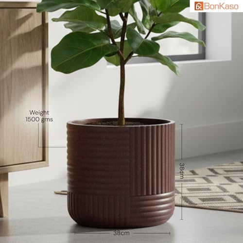 Image of Bonkaso 15 Inch Ribbed Planter Pot for Indoor & Outdoor Use | Round Heavy Duty Polymer Flower Pot | Lightweight Weather Resistant Modern Gamla for Living Room Balcony & Terrace (Brown)