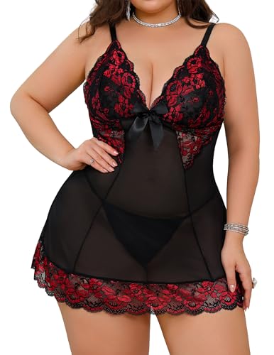 Image of Alrovetoney Women Plus Size Babydoll Lingerie Lace Chemise Mesh Sleepwear Strappy Sexy Nightgown Boudoir Outfit L-4XL