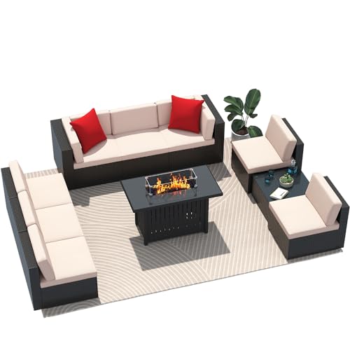 Image of Greesum Patio Furniture Sets 10-Pieces Outdoor PE Rattan Sectional Sofa w /43in Gas Fire Pit Table 55000 BTU Add Warmth to Gatherings Parties On Deck Garden Backyard,Beige