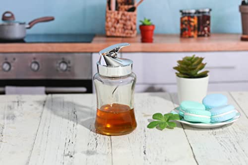 J&M Design Multipurpose Glass Syrup Dispenser Bottle For Maple Syrup, Sugar, Creamer, Olive Oil Vinegar No-Drip Pour Spout For Coffee Bar Accessories, Tea, Pancakes, Kitchen Baking 7.5Oz Container Jar #TOP3