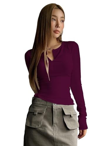 Image of Shasmi Women's & Girl's Long Sleeve Round Neck Solid Color Ruched Workwear Casual Top Half Button Down Henley T-Shirt for Women (Top 128)