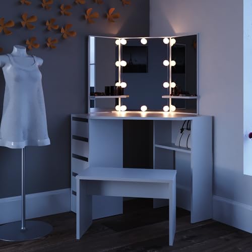 Vicco Corner vanity table Arielle, White, 110 cm with LED lighting and bench
