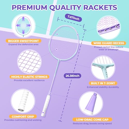 Image of HIRALIY Badminton Rackets Set for Backyards, Badminton Set, Includ 2 /4 Rackets, 6 /12 Birdies, 1 Carrying Bag, Outdoor Game for Adult Family Beginner