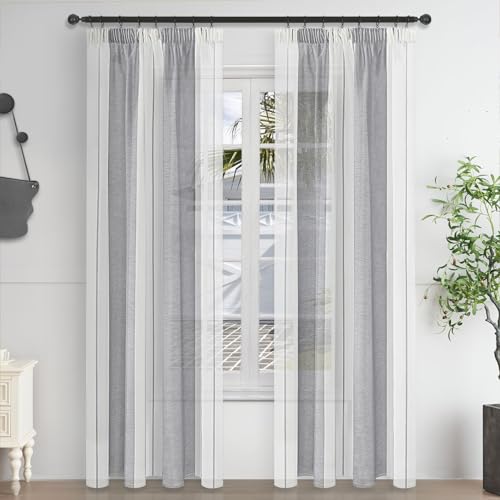MRTREES Cortinas con Ganchos Salon Cortina para Ventana Cortinas Salon 2 Piezas Blancas Grises 2X A140xL225CM translucida