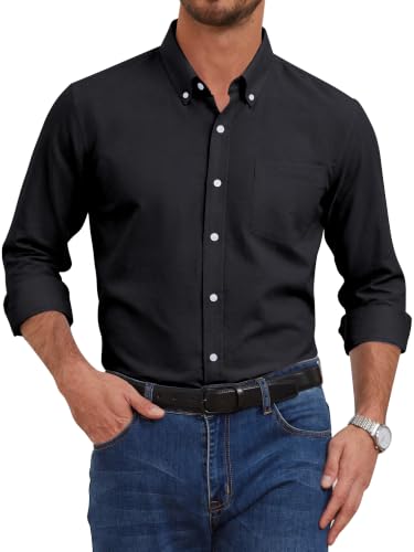 GIANZEN Black Long Sleeve Shirt Mens Button Up Men Dress Big and Tall Shirts for Clothing Casual Cotton Men's Down Oxford Black Size XXXXL
