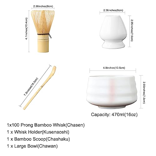 Matcha Set, Matcha Whisk And Bowl Ceremony Accessory Kit- Pink Stripe Ceramic Bowl, Matcha Whisk, White Whisk Holder, Traditional Scoop, Perfect Set To Prepare A Traditional Cup Of Matcha #TOP2