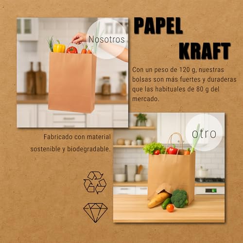 Bolsas de papel kraft grandes 28x15x28 cm reutilizables para comercios 3