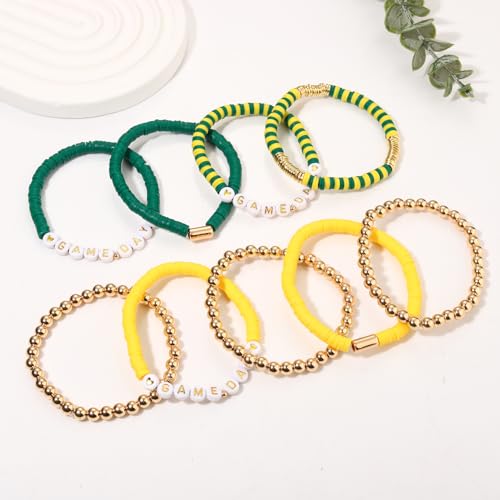 NLCAC 9 Pack Game Day Bracelets Stackable Heishi Beaded Stretchy Bracelet Preppy Jewelry Baseball Football Team Bracelets Sports Fan Accessories Gifts (Yellow Green)