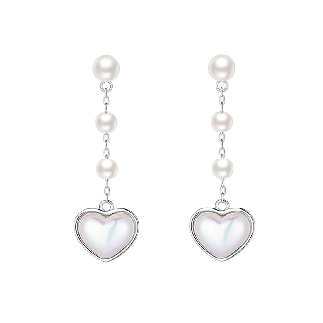 Sterling Silver Heart Pearls Dangle Earrings for Women Teens Love Heart Drop Earrings for Valentines Day