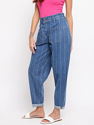 Image of Tales & Stories Women's Striped Blue Cotton Regular Fit Ankle Length Jeans-Y114411