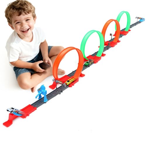 Havnidy Autorennbahn für Kinder, Rennstrecke Auto Spielzeug Mit 4 360°-Loopings und 3 Schnellen Rückziehautos, Strecke Spielzeug Geschenk für Jungen ab 3 4 5 6 Jahren