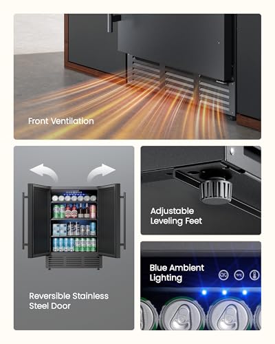 Image of 24 Inch Outdoor Refrigerator, 180-Can Under Counter Beverage Refrigerator with Stainless Steel Foam Door & Adjustable Shelves, Drink Fridge for Soda or Beer, Outdoor Fridge for Patio, Outdoor Kitchen
