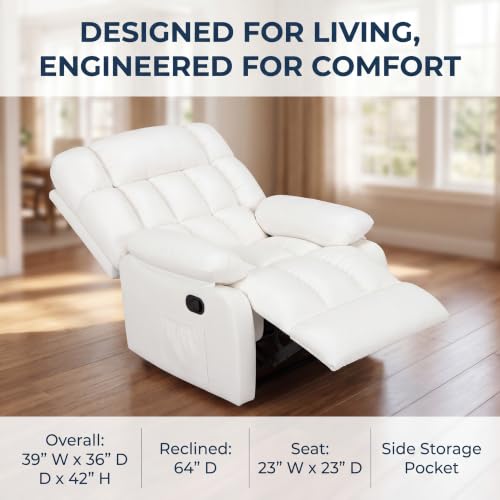 Image of Oversized Recliner Chair, Leather Recliner Adjustable with Side Pockets, Living Room Reclining Lounge Chair for Adults, Small Spaces Comfy Sofa with Theater Seating for Bedroom, Movie,White