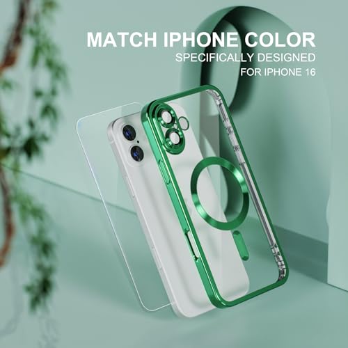 Image of Misea Magnetic for iPhone 16 Case Compatible with MagSafe Green | [Never Yellowing] [Military Drop Protection] Full Camera Lens Protector Plating Soft Clear Phone Case for Women, Green