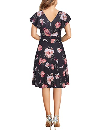 Fantaist Women's Vintage Summer Sleeveless Ruffle Floral Dress Wrap V Neck Tie Waist Cocktail Party Casual Work Swing A Line Dresses (Xl, 803-Black Flower 2) #TOP1