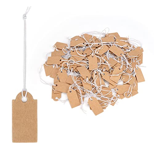 200 stück Kraftpapier Anhänger, Preisetiketten, 26x12mm, Preisschilder, Geschenketiketten, Geschenkanhänger Kraftpapier, Hängeetiketten mit Elastischer, Geschenketiketten für Hochzeit und Weihnachten