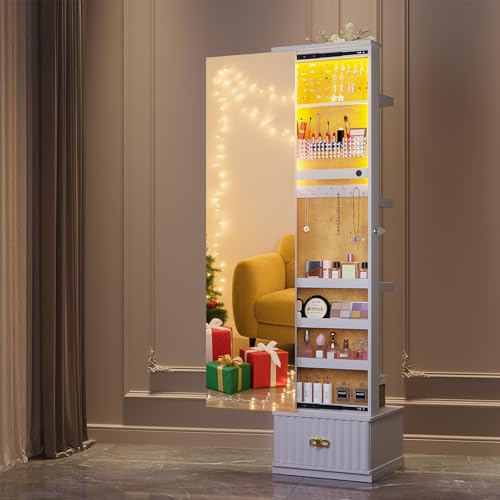 HNEBC LED Light Jewelry Organizer Mirror 360° Rotating, Jewelry Armoire with Door Mirror, Full Length Mirror Jewelry Cabinet, Mirror with Jewelry Storage, Large Jewelry Boxes & Organizers（B_