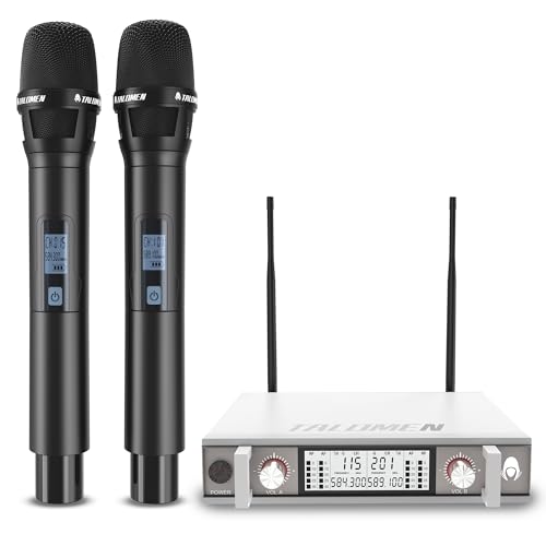 talomen Micrófono Inalámbrico UHF, Set de 2 Micrófonos Dinámicos de Mano de Metal, Auto Scan, Alcance 120 m, Receptor de Doble Canal, Ideal para Canto, Karaoke, Fiestas, DJ, Iglesia – K120 Blanco