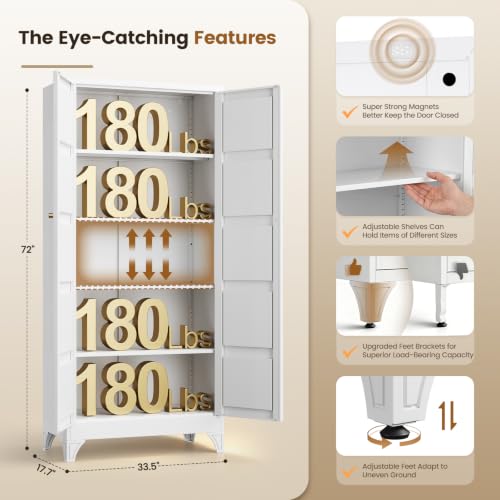 Image of Yizosh Metal Storage Cabinet with 2 Doors and 4 Adjustable Shelves,- 72 inch White Kitchen Pantry Storage Cabinet for Kitchen,Living Room,Dining Room