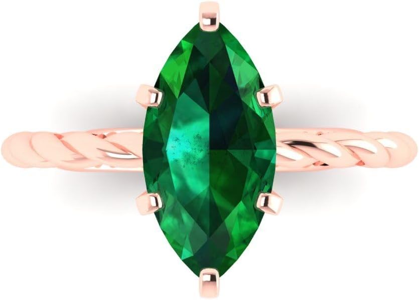 Clara Pucci 14K Solid Rose Gold 2 ctw Emerald Solitaire Ring for Women | Anniversary, Birthday Gift | 12x6mm Marquise Cut