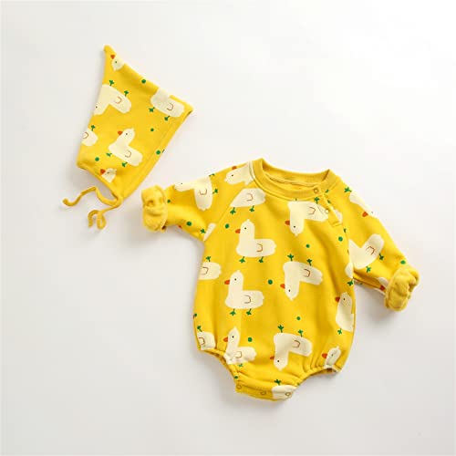 Baby Girl Bubble Romper Crewneck Puff Sleeve Onesie Cartoon Print Crew Neck Long Sleeve Bodysuits One Piece Clothes Yellow #TOP2