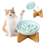 Gamelle Anti Glouton Chat Surélevée - Gamelle Mélamine avec Support en Bambou Antidéra...