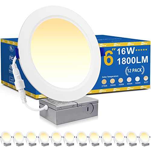 12 Pack Led Recessed Lighting 6 Inch With Junction Box, 1800Lm 16W 200W Eqv, Ultra Thin Ceiling Canless Lights 5000K Daylight, Dimmable Wafer Downlights - Etl And Energy Star Certified #TOP7