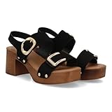100869 Sandalia de mujer con tacon ancho y plataforma estilo madera. Diseno con tiras anchas, adornos metalicos y tachuelas. Calzado comodo y ligero. Ideal para primavera verano. Negro Talla 38