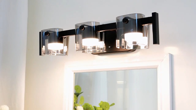 Image of 20.8 inch Modern Black Bathroom Vanity Light 3 Light Bathroom Light fixtures Cordless LED Vanity Light, 3000K /4000K /6000K Adjustable Wall Light with Smoke Gray Glass for Restroom,Bedroom,Kitchen