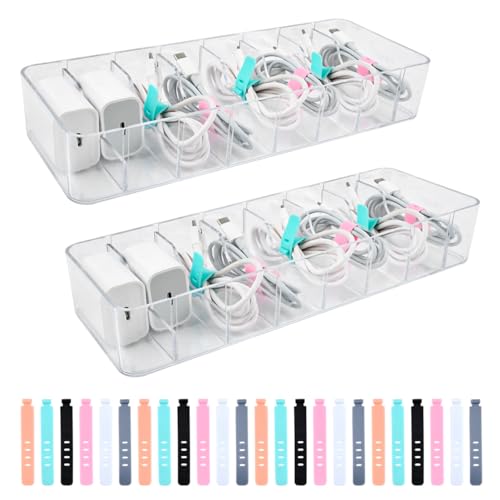 DODUOS 2 Boîte de Rangement pour Câbles, 8 Compartiments Boîtes Rangement Câbles Rangement Cable Boite Rangement Cable avec Couvercle et 24 Attaches de...