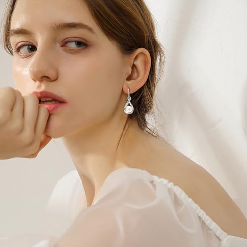 Pearl Drop Earrings for Women, Dainty Sterling Silver Small Freshwater Pearl Dangle Earrings Wedding Jewelry Gift for Bride Bridesmaid 8mm by DENGGUANG - Image 4