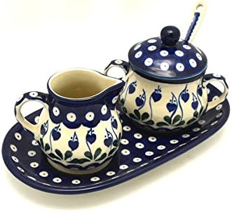 Polish Pottery Cream & Sugar Set with Sugar Spoon - Bleeding Heart