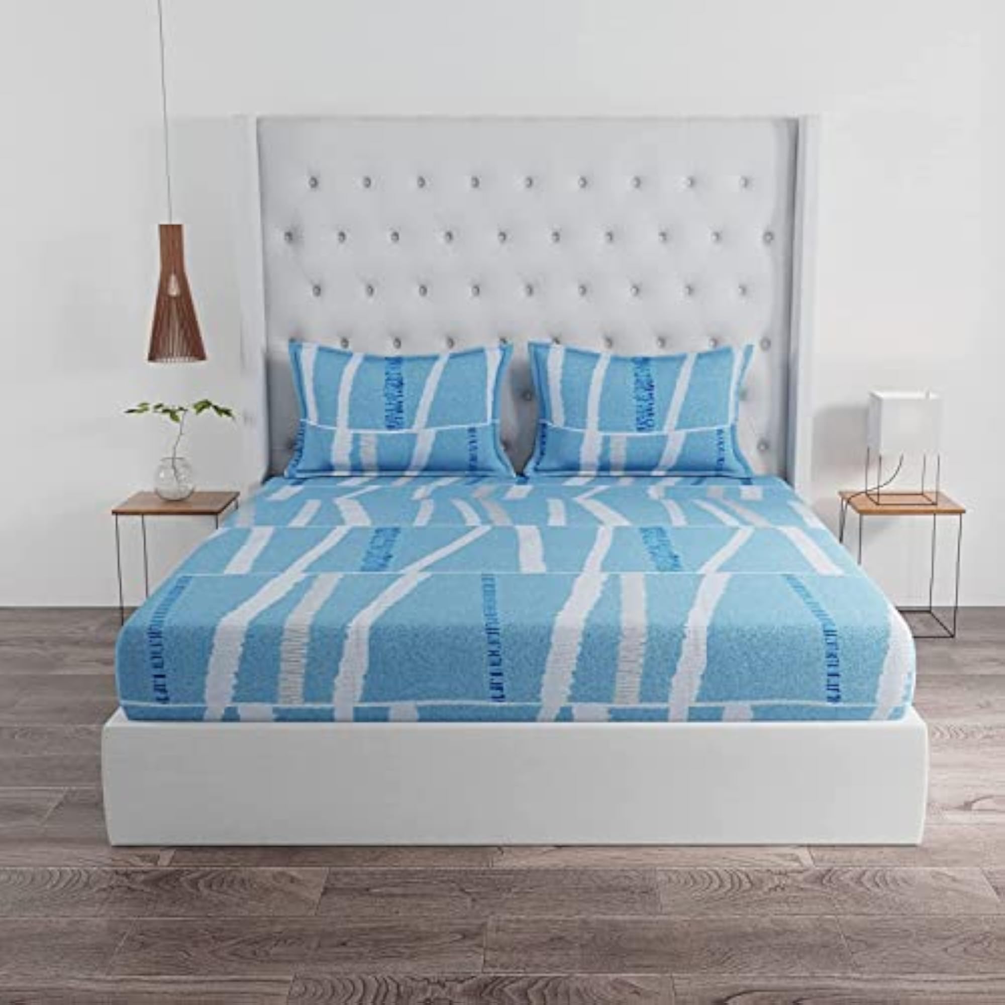144 TC Cotton Double Bed Bedsheet with 2 Pillow Covers, Sky Blue & White